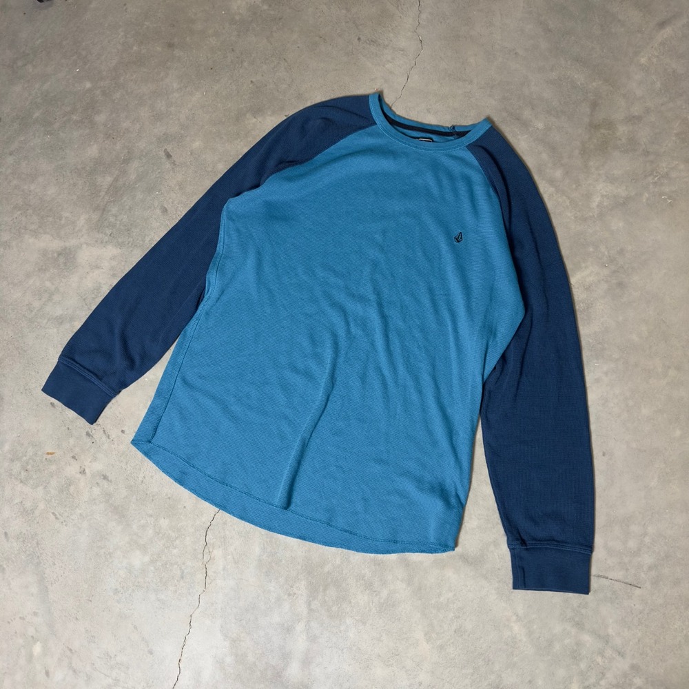 Volcom Raglan Thermal Shirt Men XL Blue Waffle Knit Long Sleeve Streetwear Skate